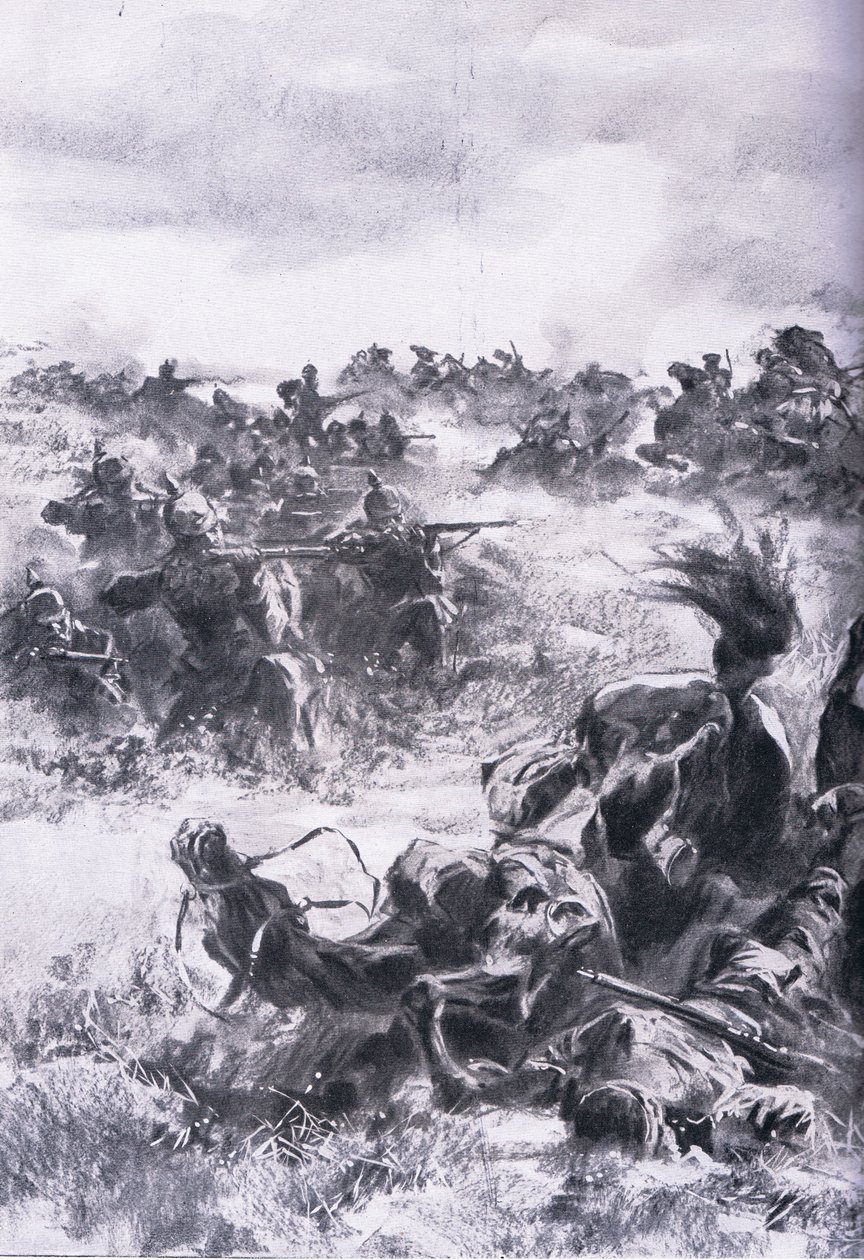 Nederlag för den 14:e ryska kavalleribrigaden vid Praszysz, från puben The Illustrated History of the World War 1914-1915. av Union Berlagsefellfchaft av Anton Hoffman