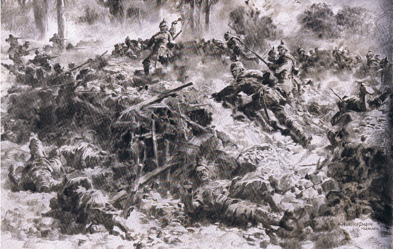 Württembergskungens grenadjärer bryter igenom fiendens placeringar i Argonnes, från puben The Illustrated History of the World War 1914-1915. av Union Berlagsefellfchaft av Anton Hoffman