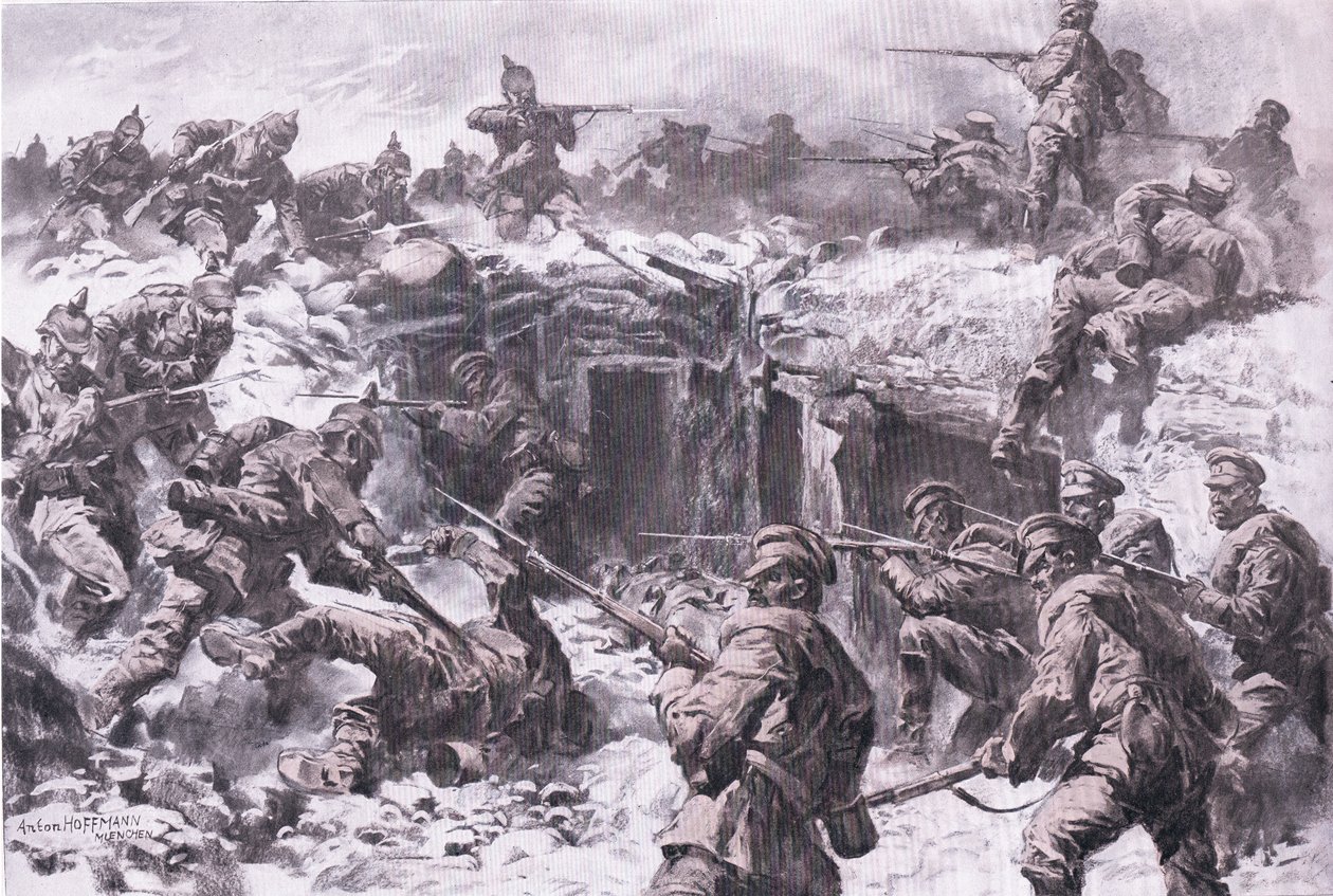 Nederlaget för Moscow Grenadier Corps av schlesiska, preussiska och kejserliga tyska trupper, från puben The Illustrated History of the World War 1914-1915. av Union Berlagsefellfchaft av Anton Hoffman