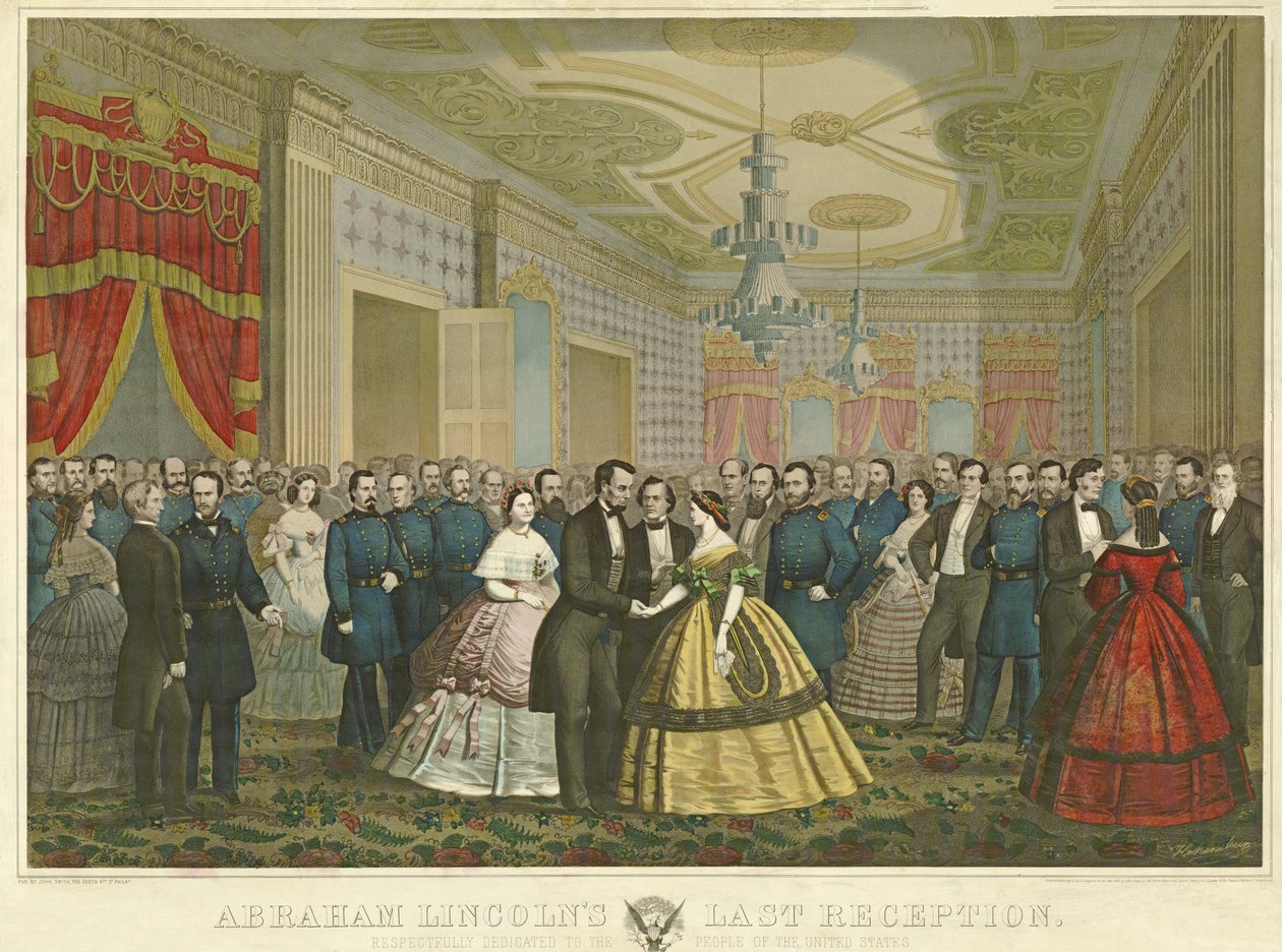 Abraham Lincolns sista mottagning, pub. 1865 (handkolorerad litografi) av Anton Hohenstein