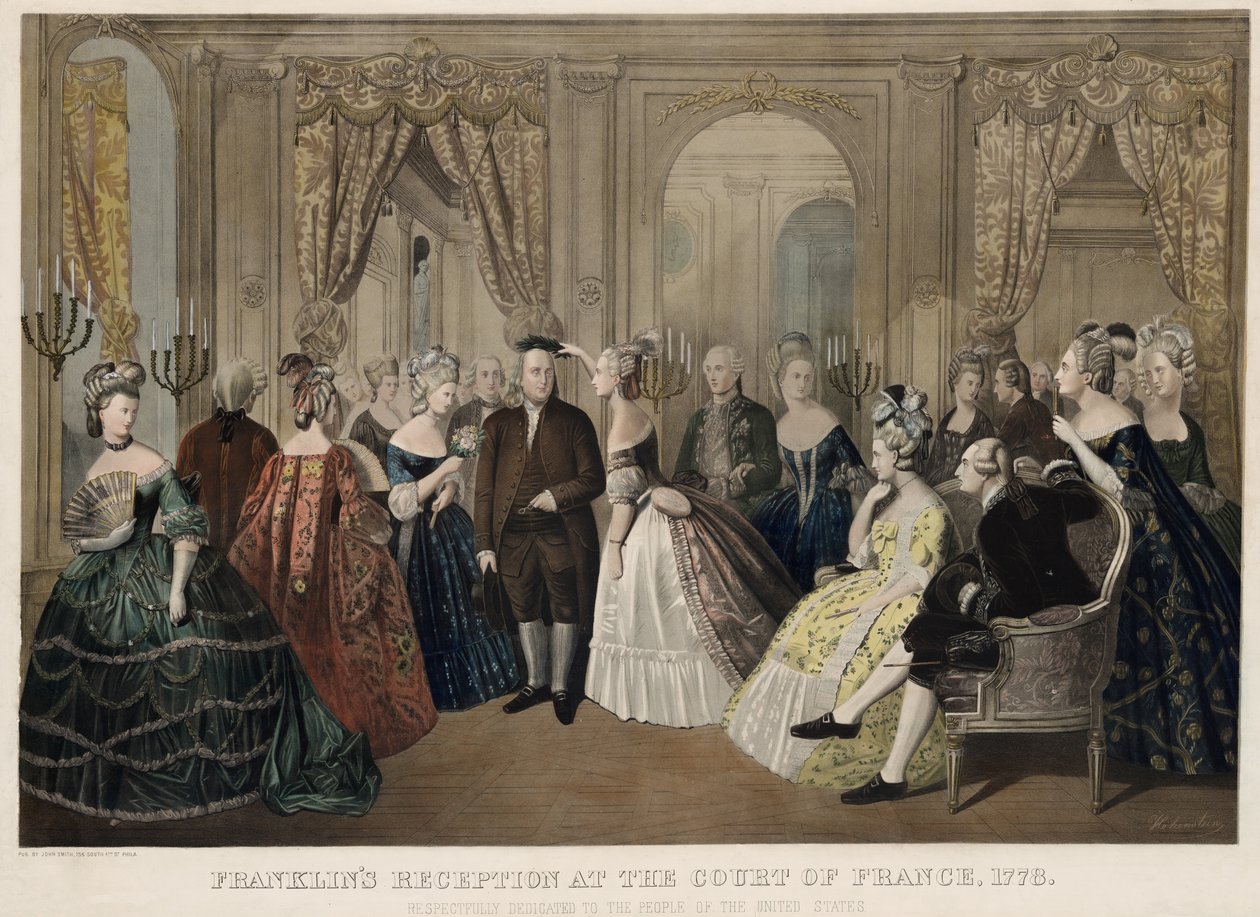Franklins mottagning vid Frankrikes hov, 1778, Respektfullt tillägnad Förenta staternas folk, pub. 1865 av Anton Hohenstein