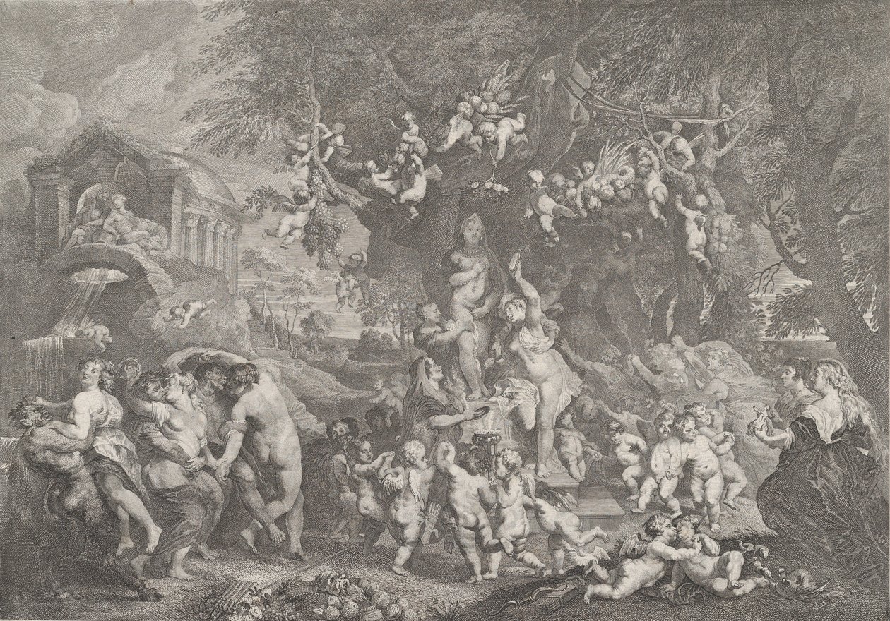 Venusfesten, med grupper av satyrer, nymfer och putti som dansar runt en staty av Ve..., 1732. av Anton Joseph von Prenner