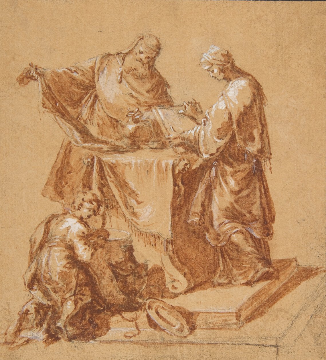 En överstepräst, profetinnan Anna och en knästående pojke runt ett bord, 1745. av Anton Kern