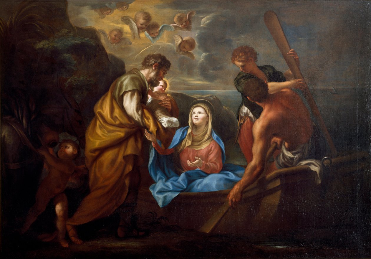 Flyget till Egypten Den heliga familjen går ombord på en båt. Målning av Anton Maria Piola (1654-1715) Collezione Banca Carige Genes av Anton Maria Piola