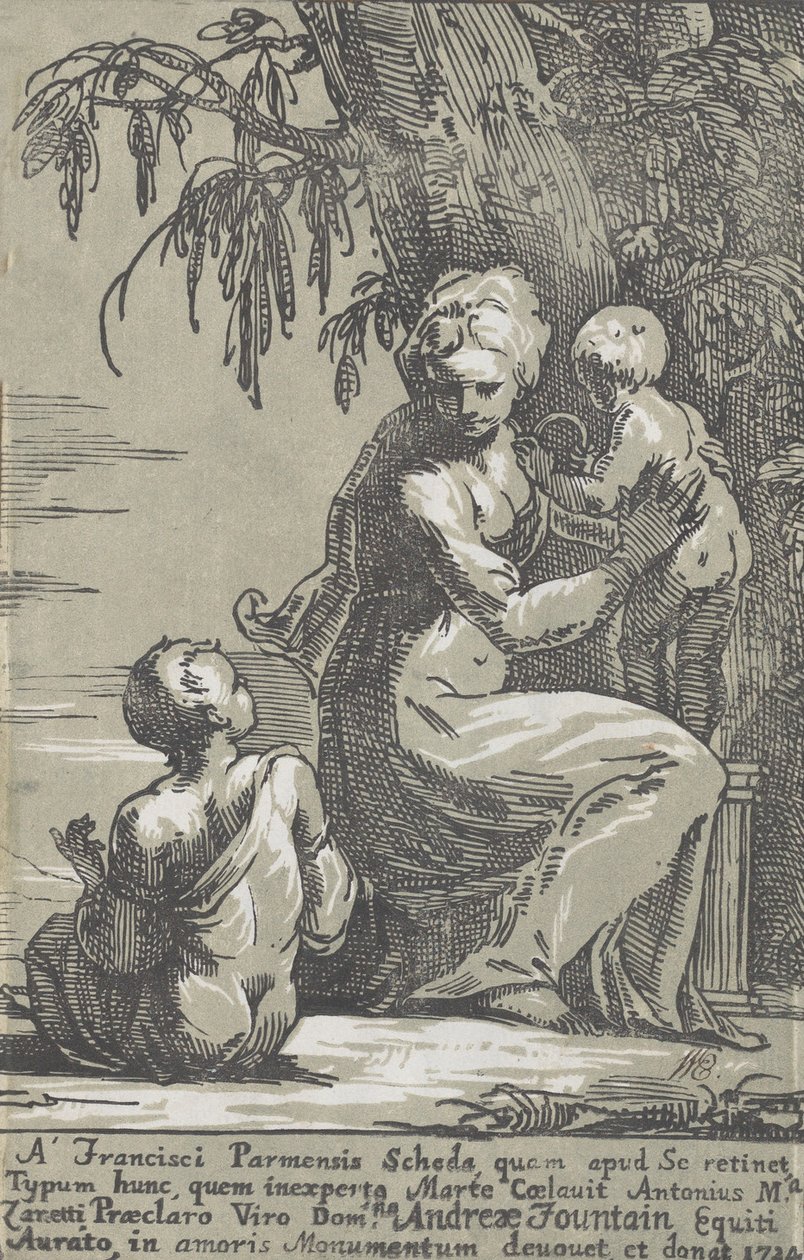En kvinna som står vid foten av ett träd och håller ett spädbarn, med en sittande pojke, 1724. av Anton Maria Zanetti