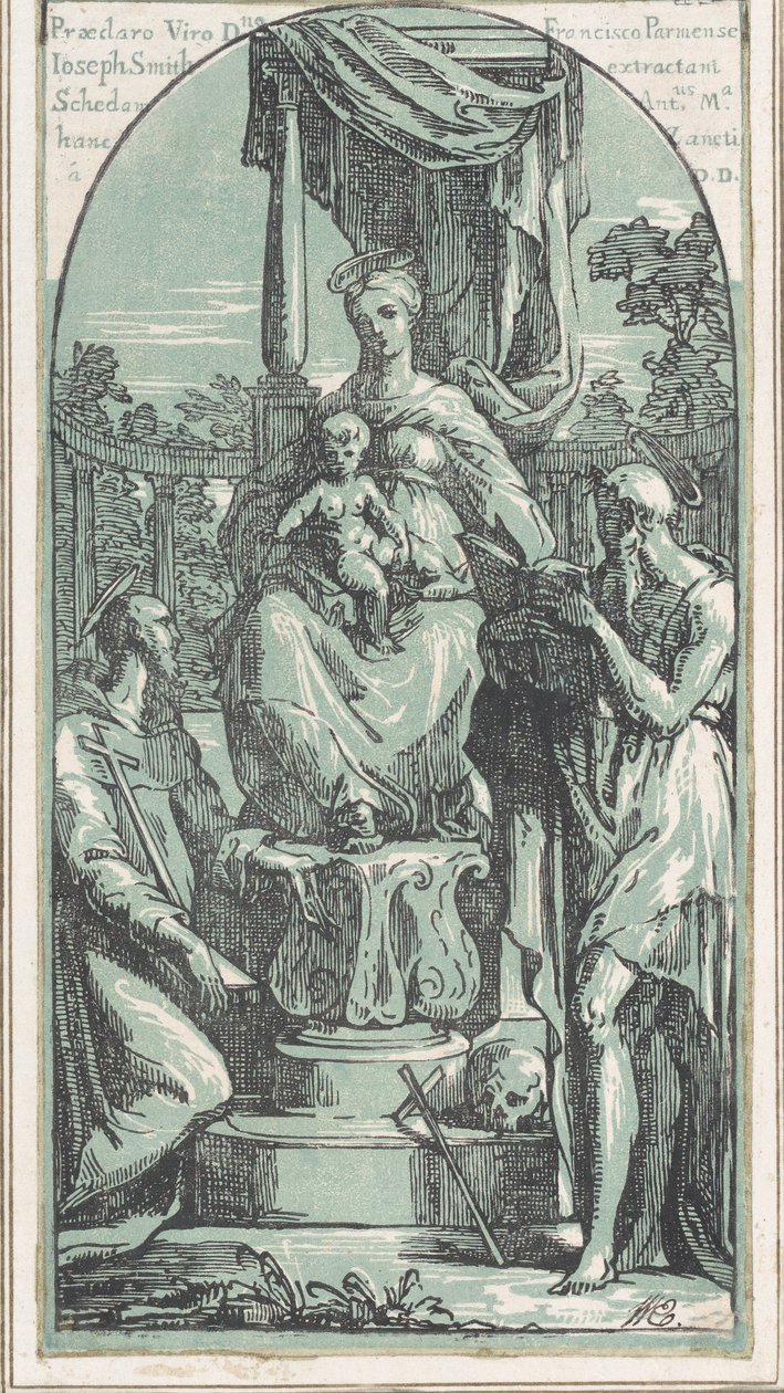 Jungfrun och barnet på tronen, Saint Hieronymus längst ner till höger, Saint Francis..., före 1749. av Anton Maria Zanetti