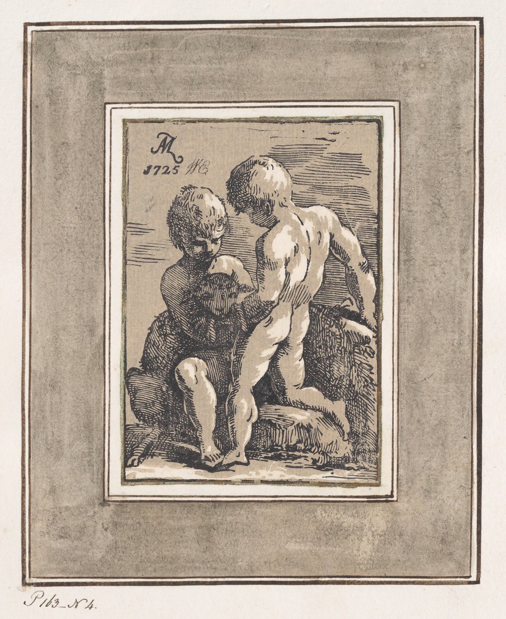 Två barn som leker med ett lamm, 1725. av Anton Maria Zanetti