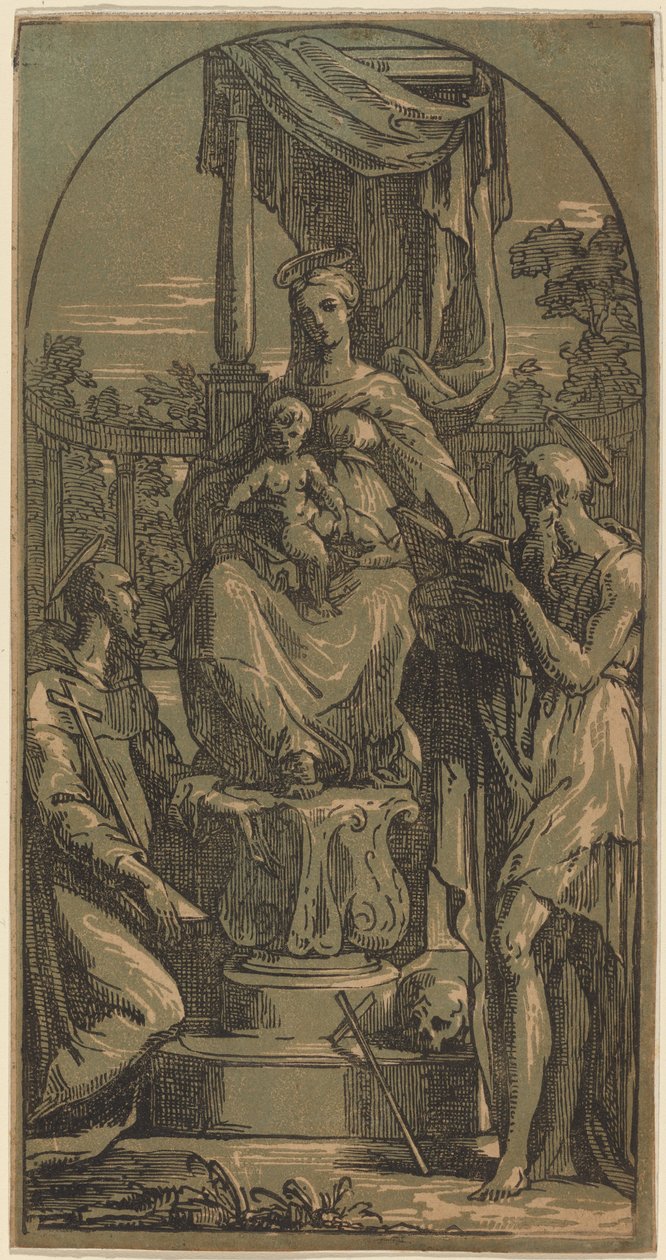 Madonna and Child Enthroned, Saint Hieronymus och Saint Francis av Anton Maria Zanetti I, after Parmigianino