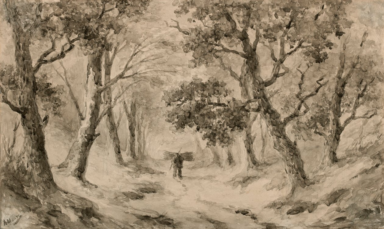 A Wood Gatherer in the Forest (brunt bläck & tvätt på buff papper) av Anton Mauve