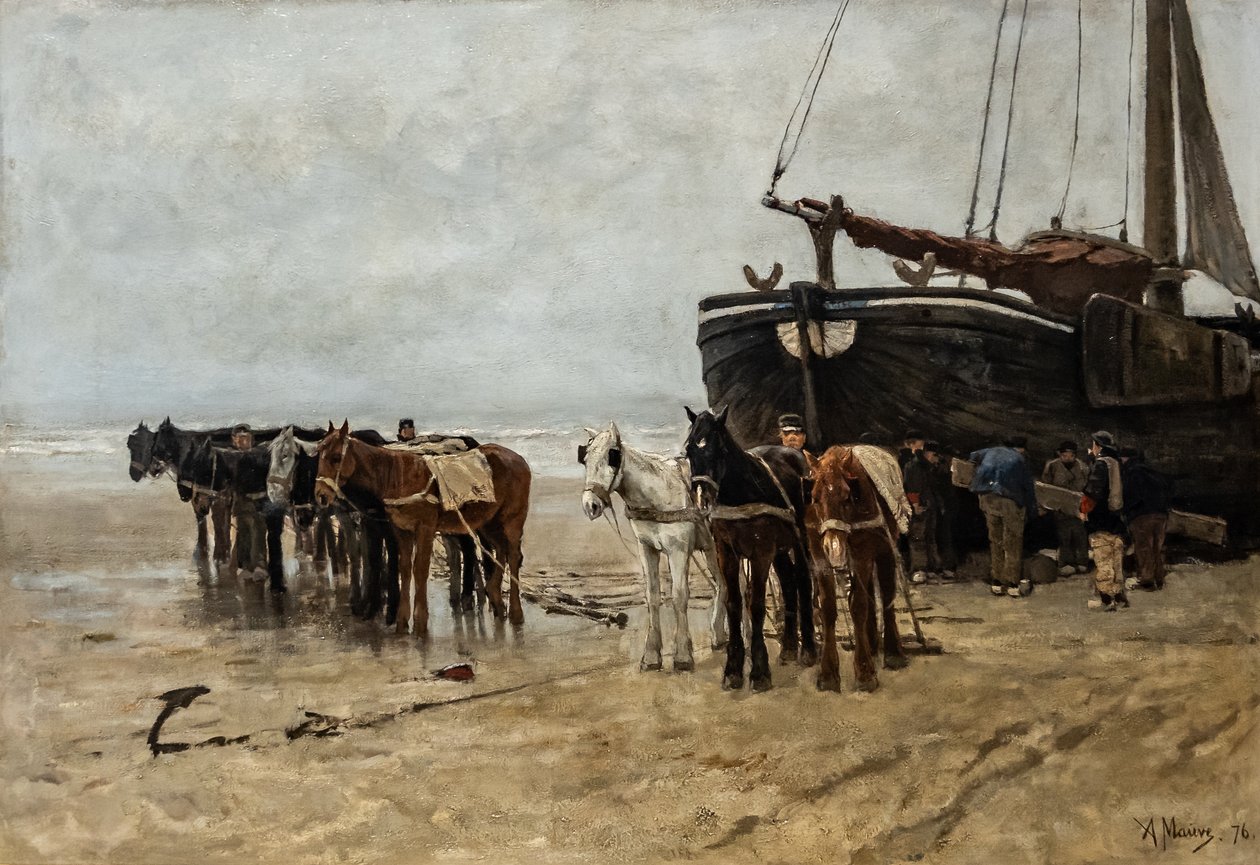 Nederländska: Bomschuit med bogserhästar på Scheveningens strand Fiskebåt med bogserhästar på Scheveningens strand av Anton Mauve
