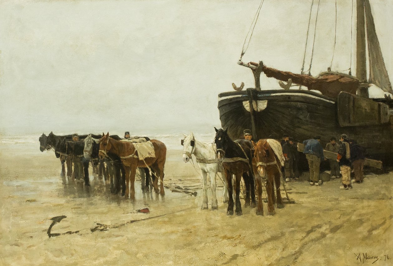 Nederländska: Bomschuit med bogserhästar på Scheveningens strand Fiskebåt med bogserhästar på Scheveningens strand av Anton Mauve