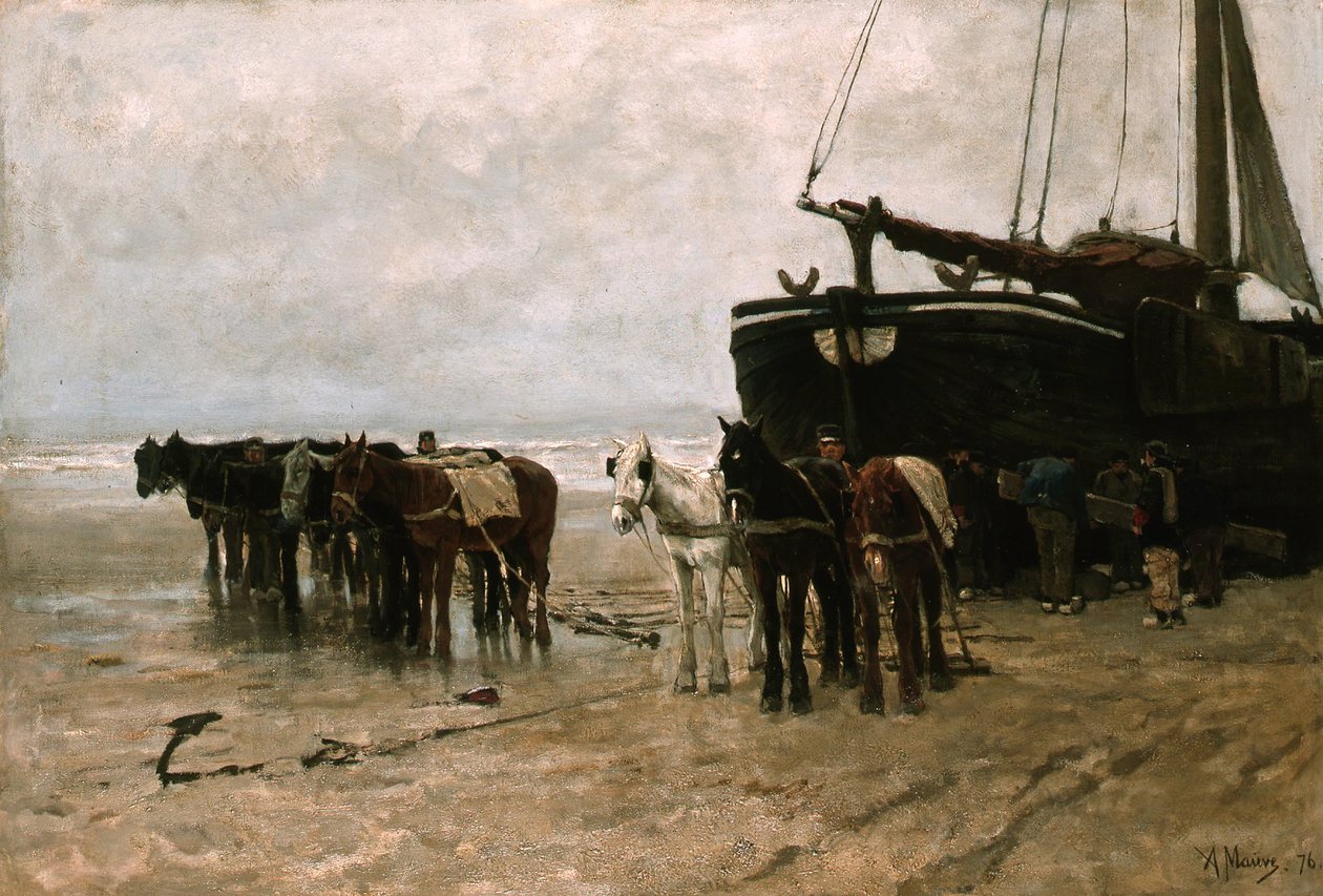 Nederländska: Bomschuit med bogserhästar på Scheveningens strand Fiskebåt med bogserhästar på Scheveningens strand av Anton Mauve