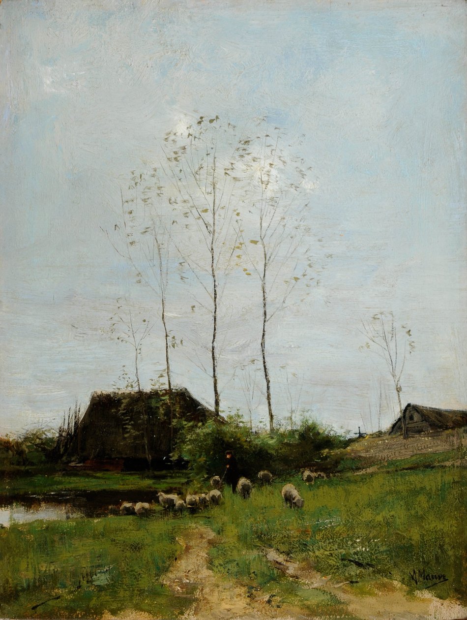 Landskap med herde och får (olja på duk) av Anton Mauve