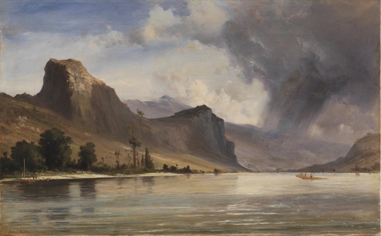 Kustlandskap med berg. En storm på väg av Anton Melbye