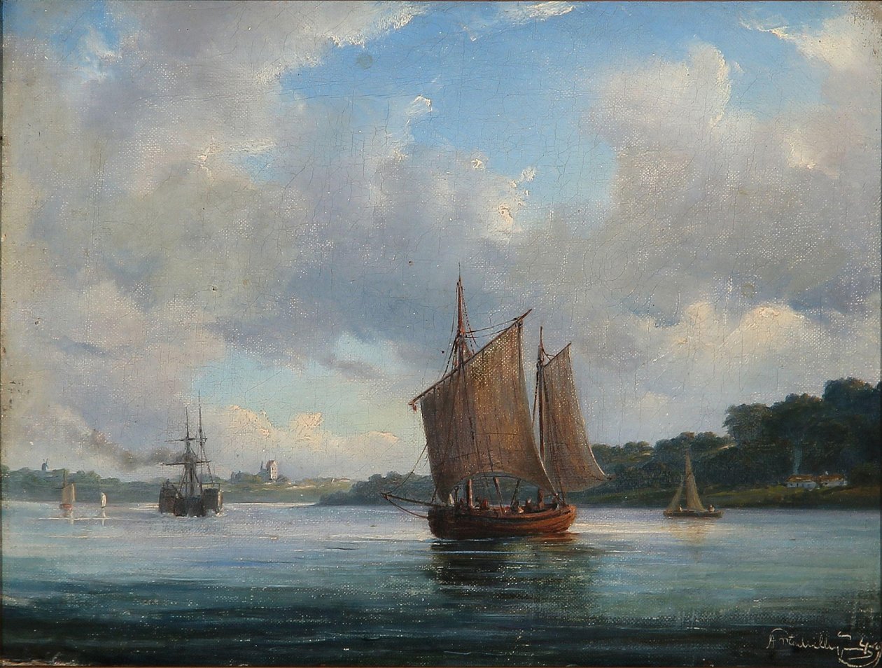 Fjordlandskap med fiskebåtar och en hjulångare av Anton Melbye