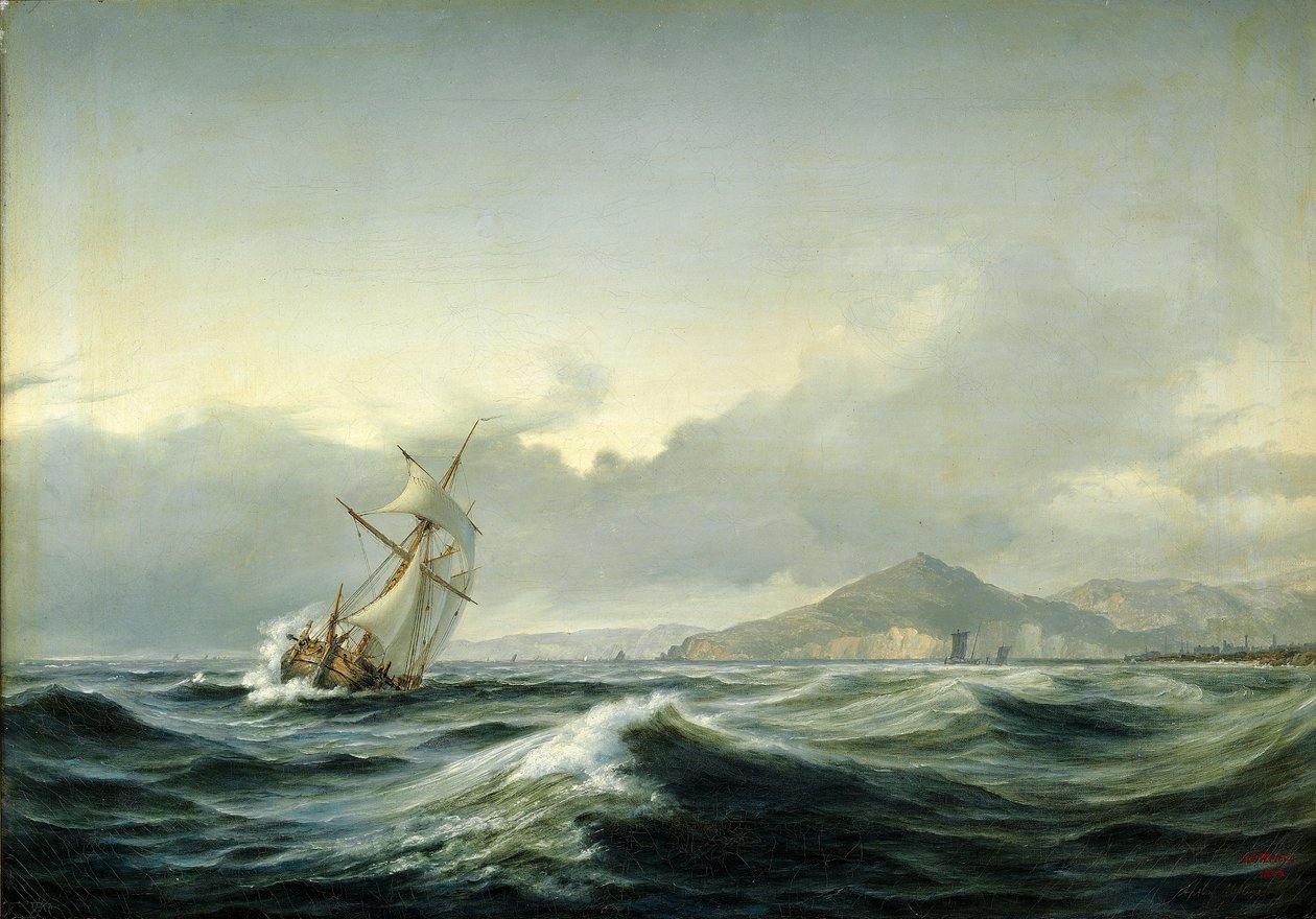 Havslandskap med segelfartyg i grov sjö. I bakgrunden en klippig kust av Anton Melbye