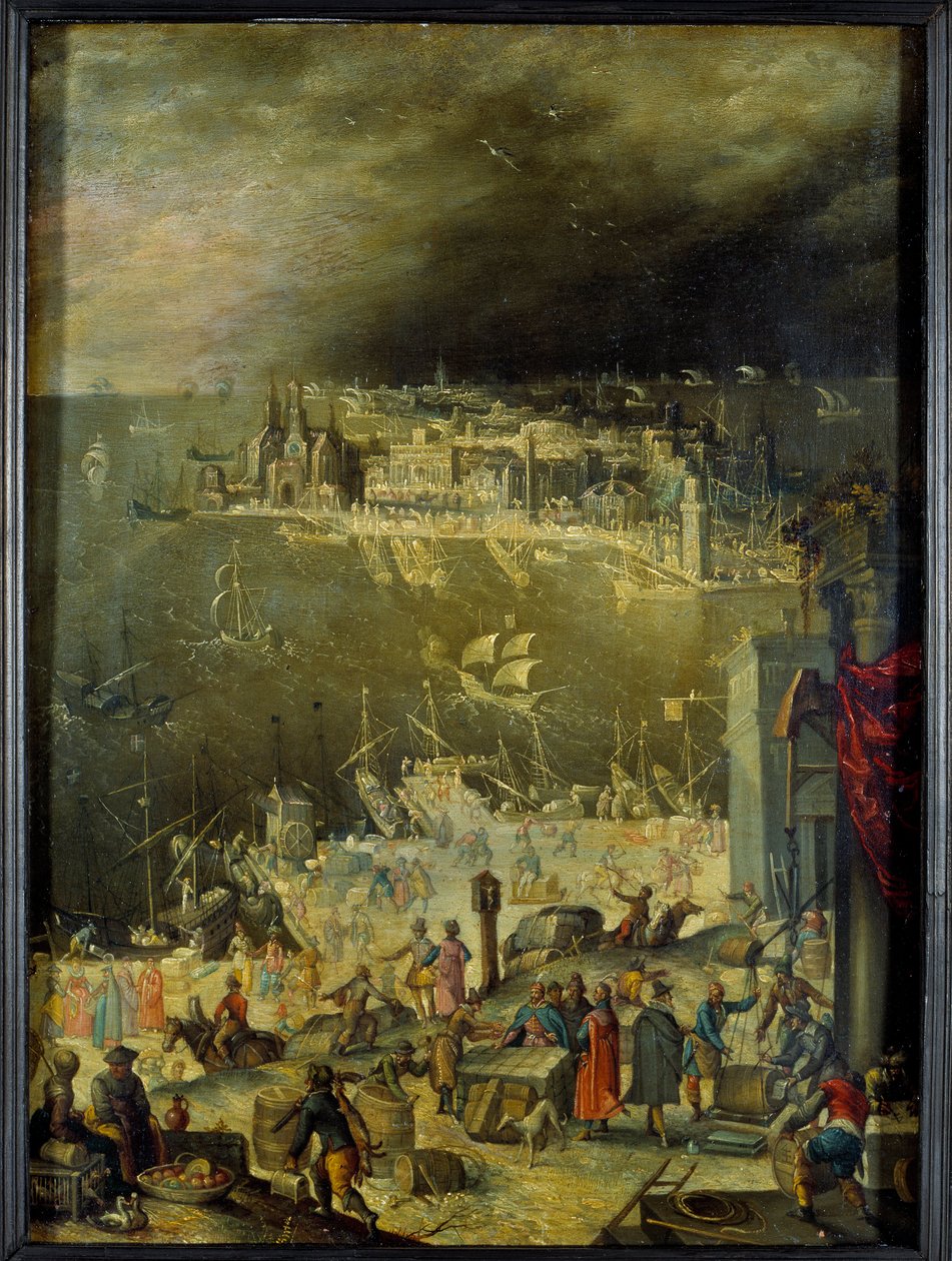 Utsikt över en hamn Representation av kommersiell verksamhet, lossning av varor, transaktioner på hamnen. Målning tillskriven Anton Mozart (1573-1625), sön. 0,3x0,22 m paris, Louvren av Anton Mozart