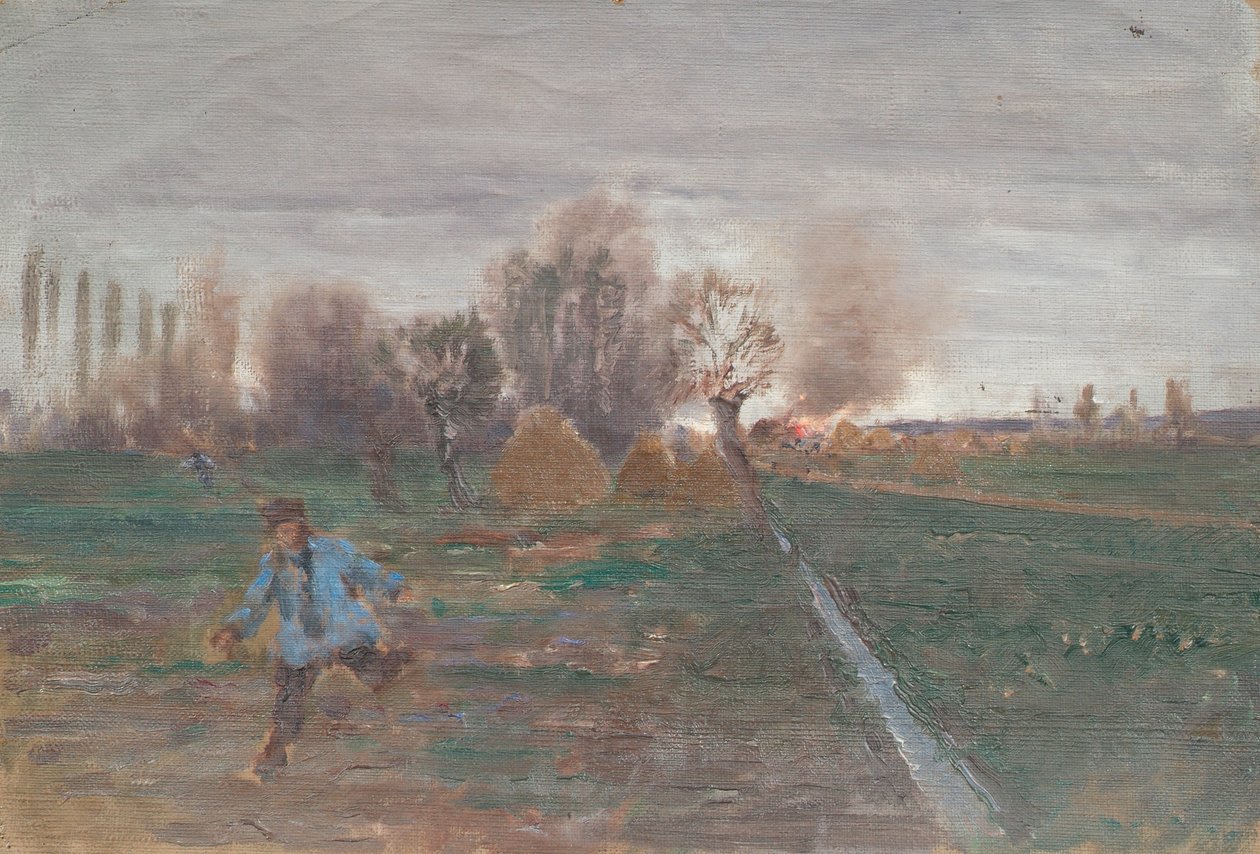 Landskap med brinnande hembygdsgård av Anton Nowak