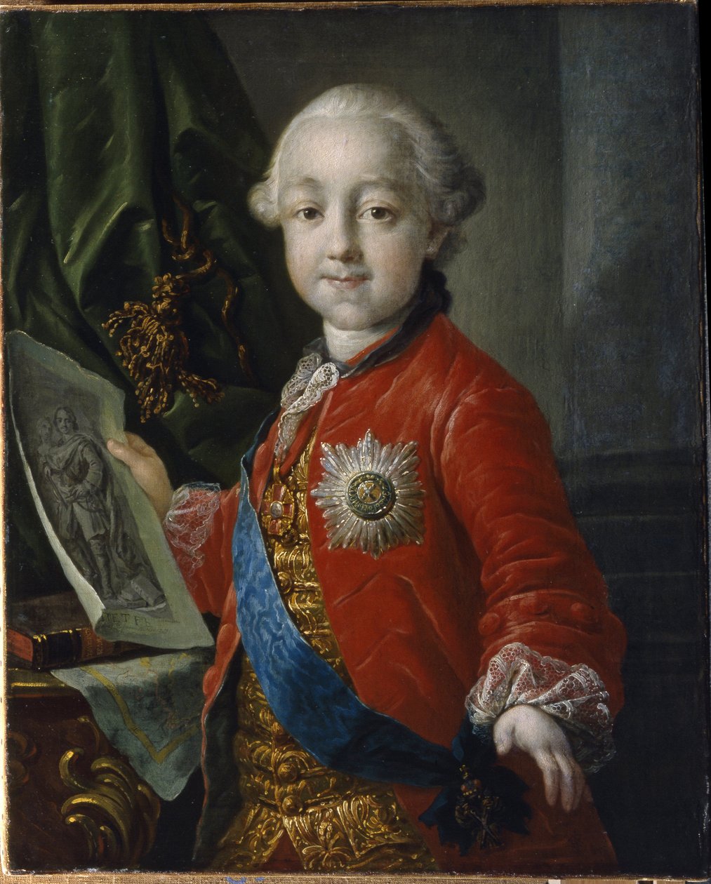 Porträtt av storhertig Pavel Petrovich Romanov (1754-1801), som barn. (Porträtt av storhertigen Pavel Petrovich som barn). Kejsare av Ryssland från 1796 till 1801. Målning av Anton Pavlovich Losenko (1737-1773), olja på duk av Anton Pavlovich Losenko