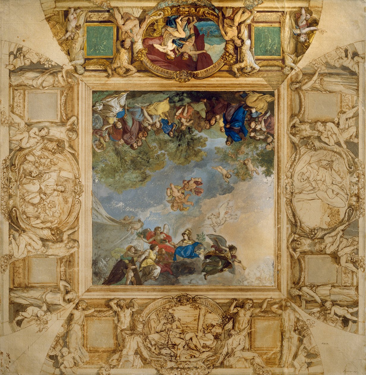 Apollo och Athena belönar Talents och Minerva flankerade av karyatider och medaljonger föreställande Mars, Venus, Hercules och Cybele, av Anton Raphael Mengs av Anton Raphael Mengs