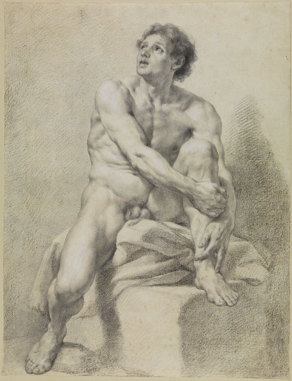 Sittande manlig akt, ungefär framifrån, med vänster ben upplyft och hållet med båda händerna av Anton Raphael Mengs