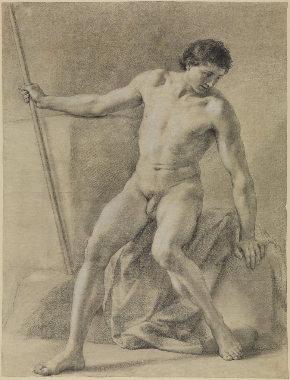 Sittande manlig akt, nästan framifrån, stav i höger hand, blickande nedåt av Anton Raphael Mengs