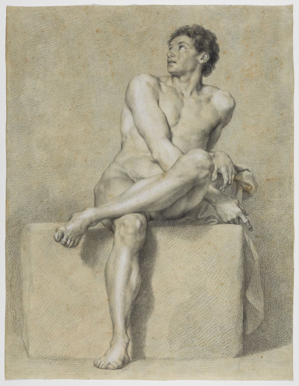 Sittande manlig nakenstudie, framifrån, med vänster ben över det högra, blickande uppåt av Anton Raphael Mengs