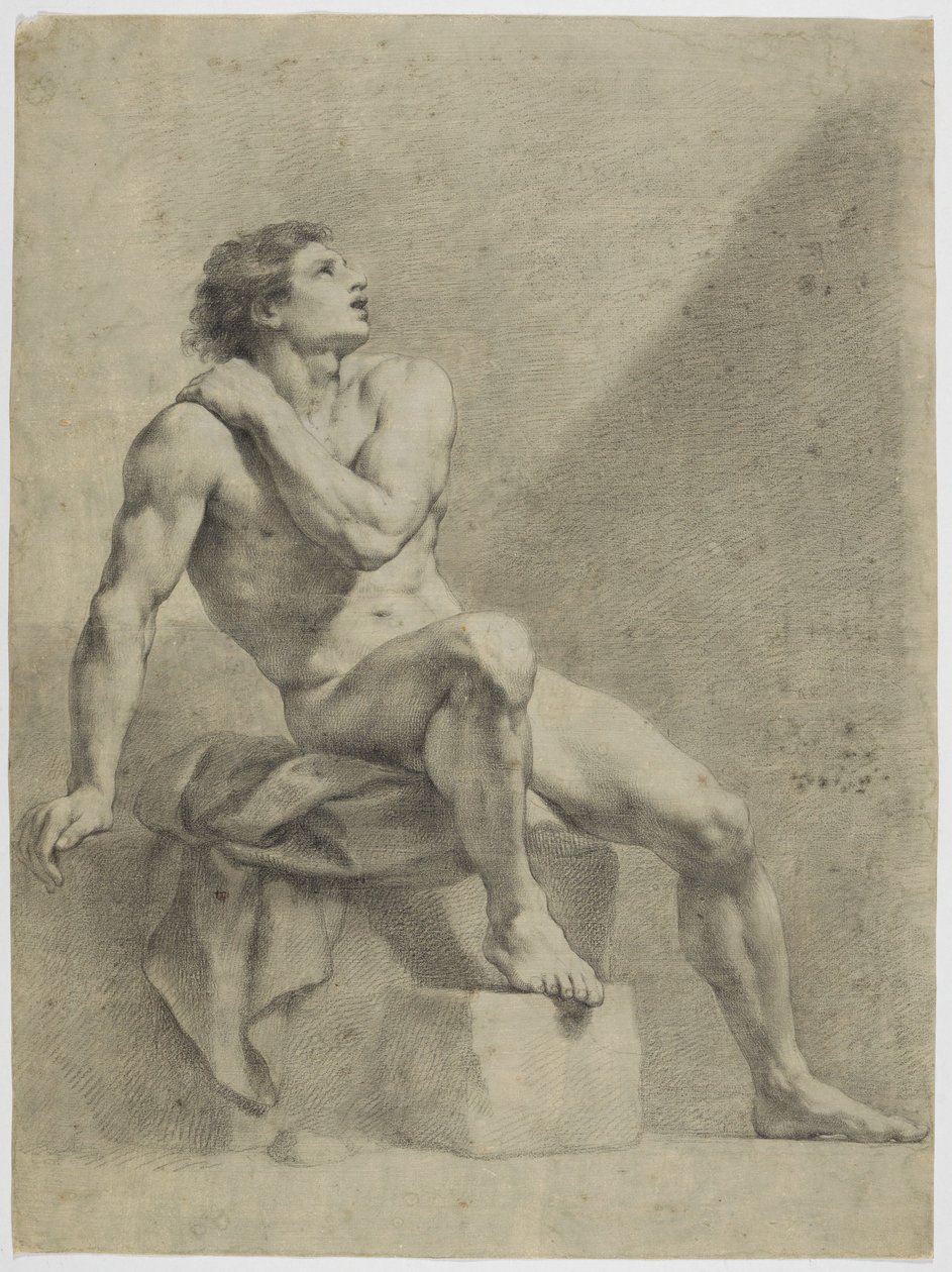 Sittande manlig akt, vinklad åt höger, blickande uppåt av Anton Raphael Mengs