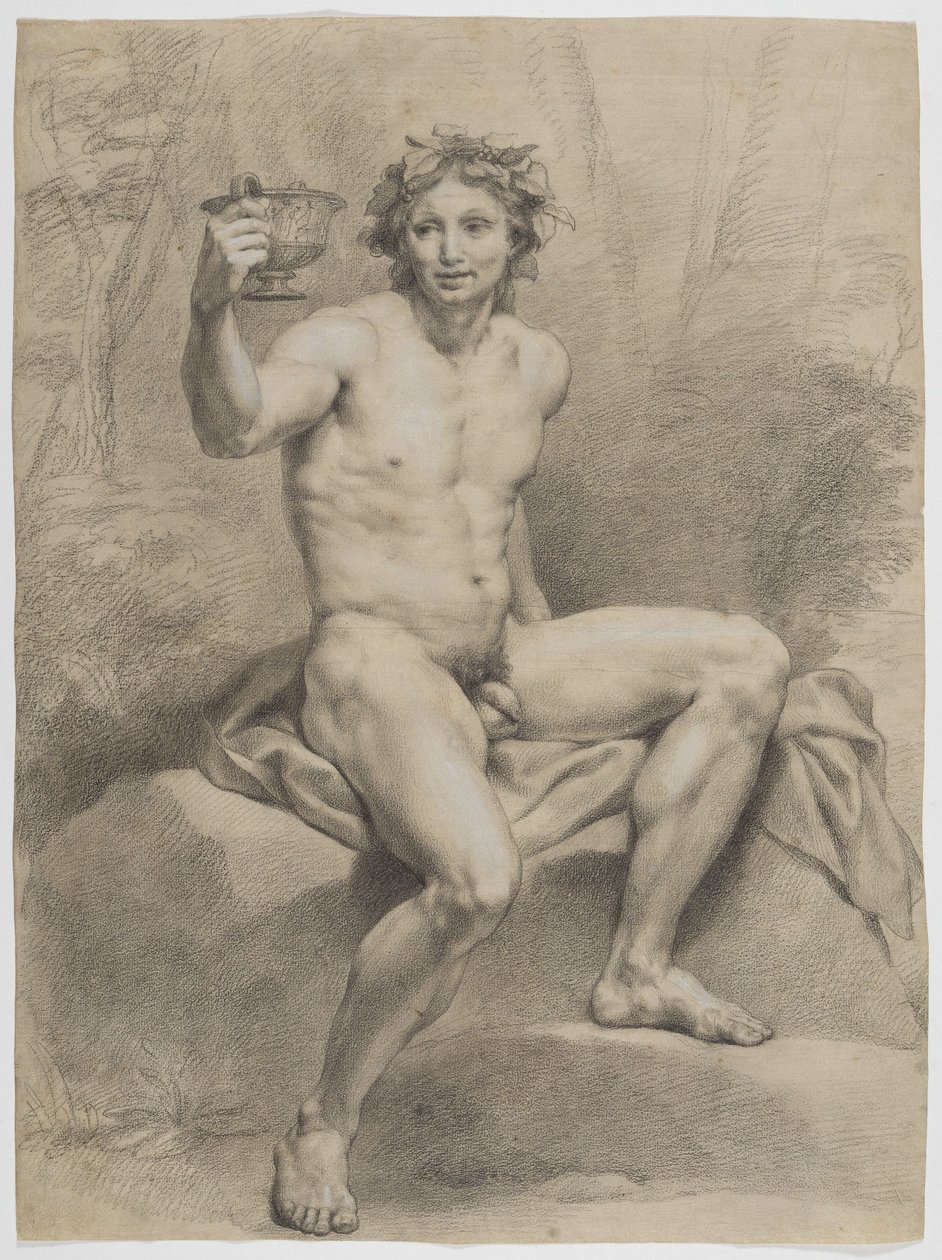 Sittande manlig akt, vänd snett åt höger, med en krans av vinblad och en dryckeskål i höger hand av Anton Raphael Mengs
