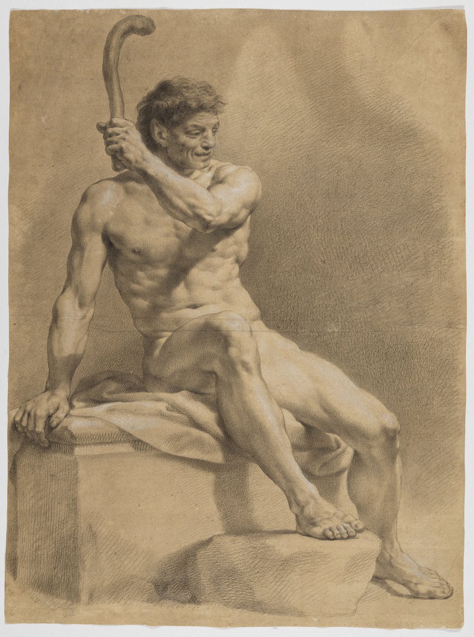 Sittande manlig nakenmodell, snett åt höger, med en liten klubba upplyft i vänster hand av Anton Raphael Mengs