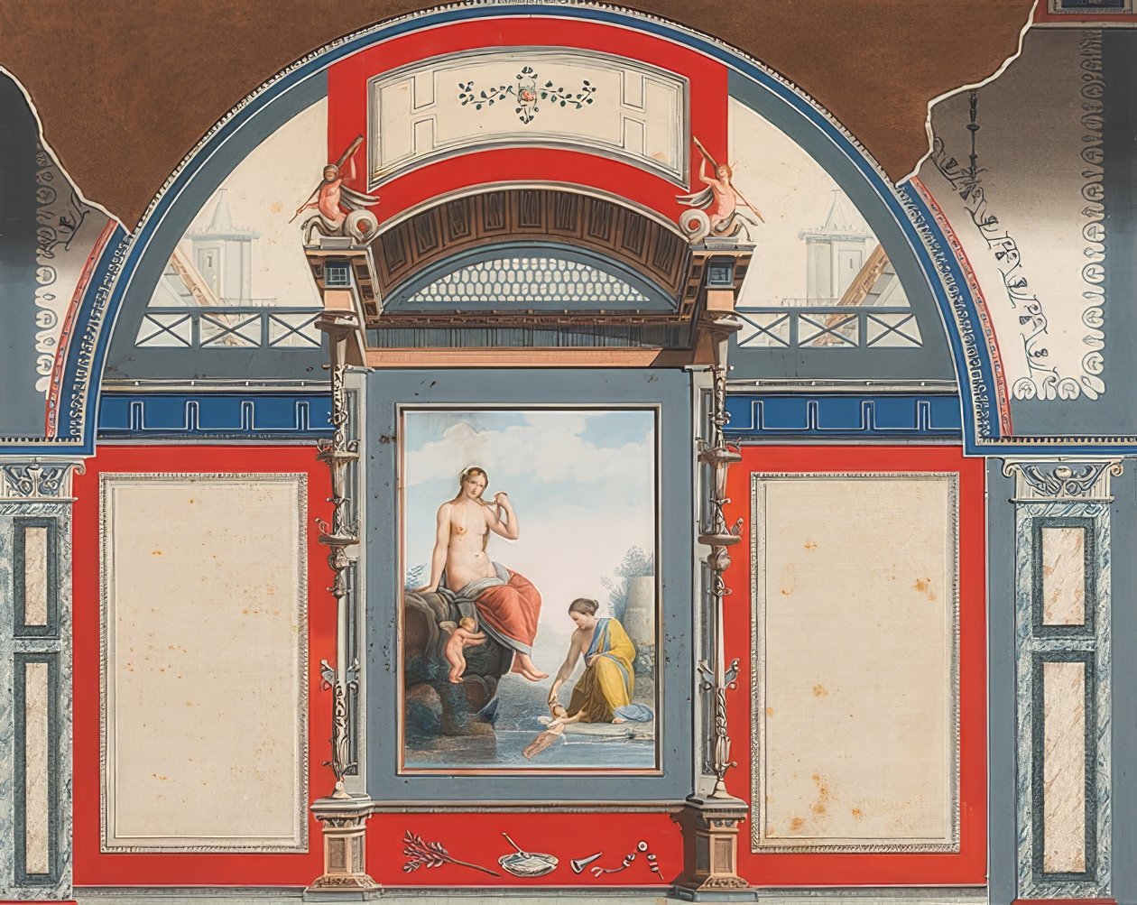 Väggmålning av ett romerskt hus på tomten till Villa Negroni i Rom, Venus och en nymf med eroter. 1778 av Anton Raphael Mengs