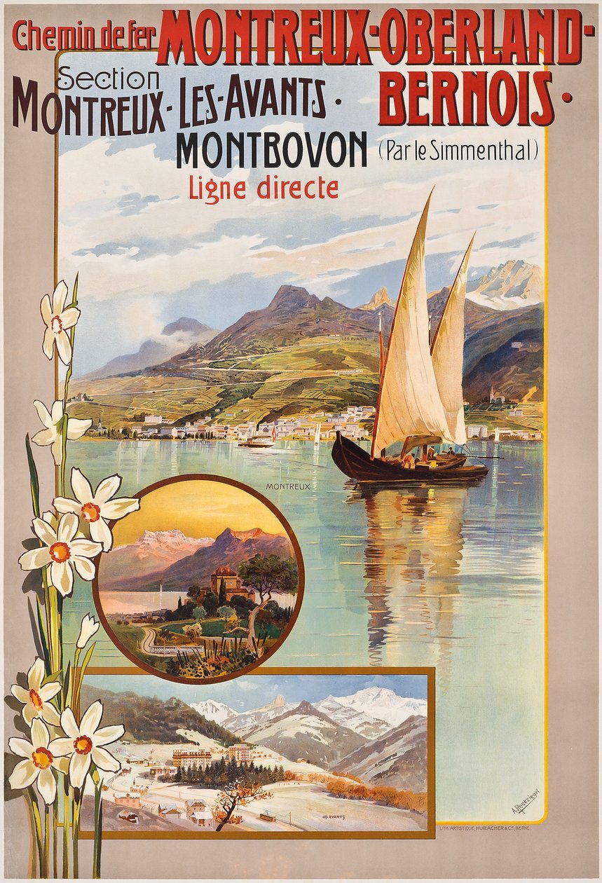 Affischreklam Montreux-Oberland-Bernois tågresor, ca. 1910 (lito i färg) av Anton Reckziegel