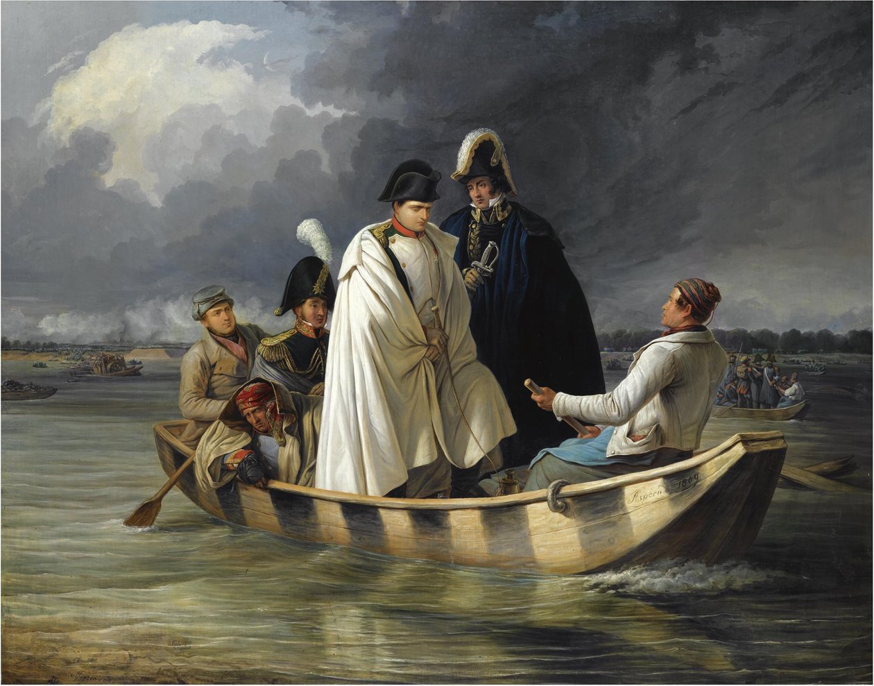 Napoleon lämnar Lobau efter nederlaget i slaget vid Aspern, 1845 av Anton Ritter von Perger