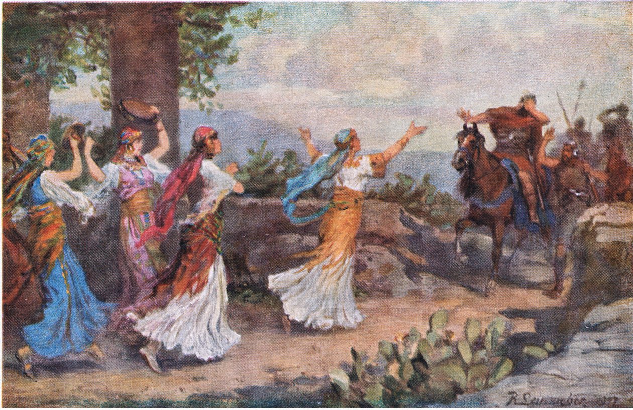 Jephthahs dotter kommer ut för att träffa sin far, från Hulberts Story of the Bible publicerad av The John Winston Company, 1932 av Anton Robert Leinweber