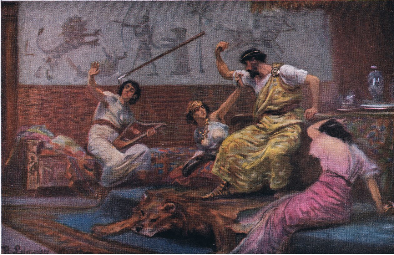 Saul kastar sitt spjut mot David, från Hulberts Story of the Bible publicerad av The John Winston Company, 1932 av Anton Robert Leinweber