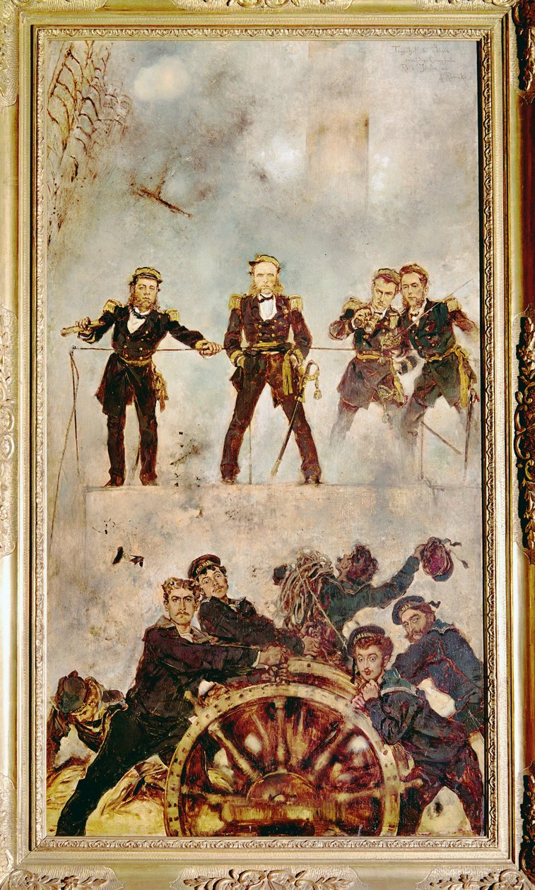 Amiral Wilhelm Tegethoff på SMS Ärkehertig Ferdinand Max brygga under slaget vid Lissa mot den italienska flottan ... (målning på duk) av Anton Romako