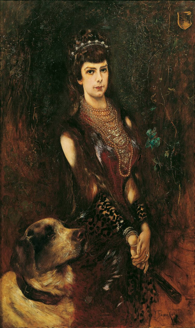 Porträtt av Elisabeth av Bayern med Sankt Bernardshund, 1883. av Anton Romako