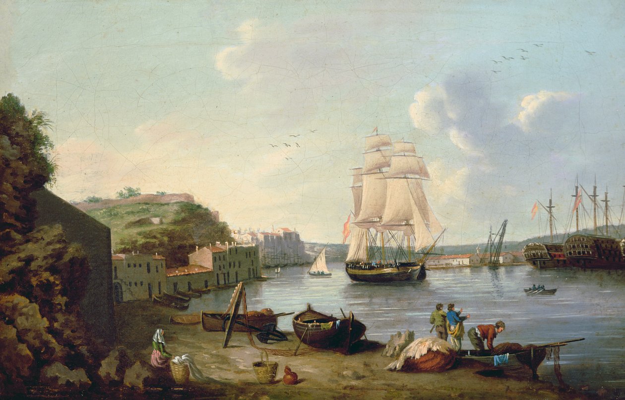 Skepp under segel i hamnen i Port Mahon, Minorca av Anton Schantz