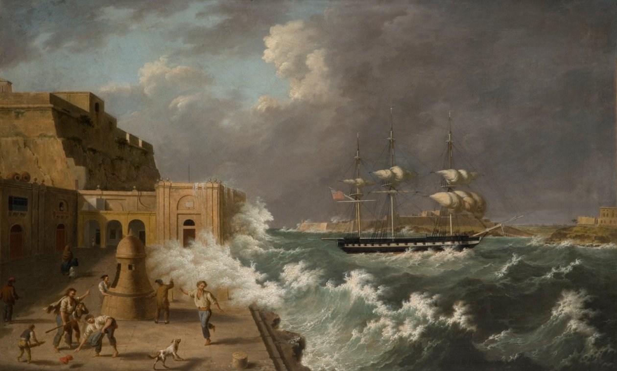 Hamnlandskap, Malta (olja på kartong) av Anton Schranz