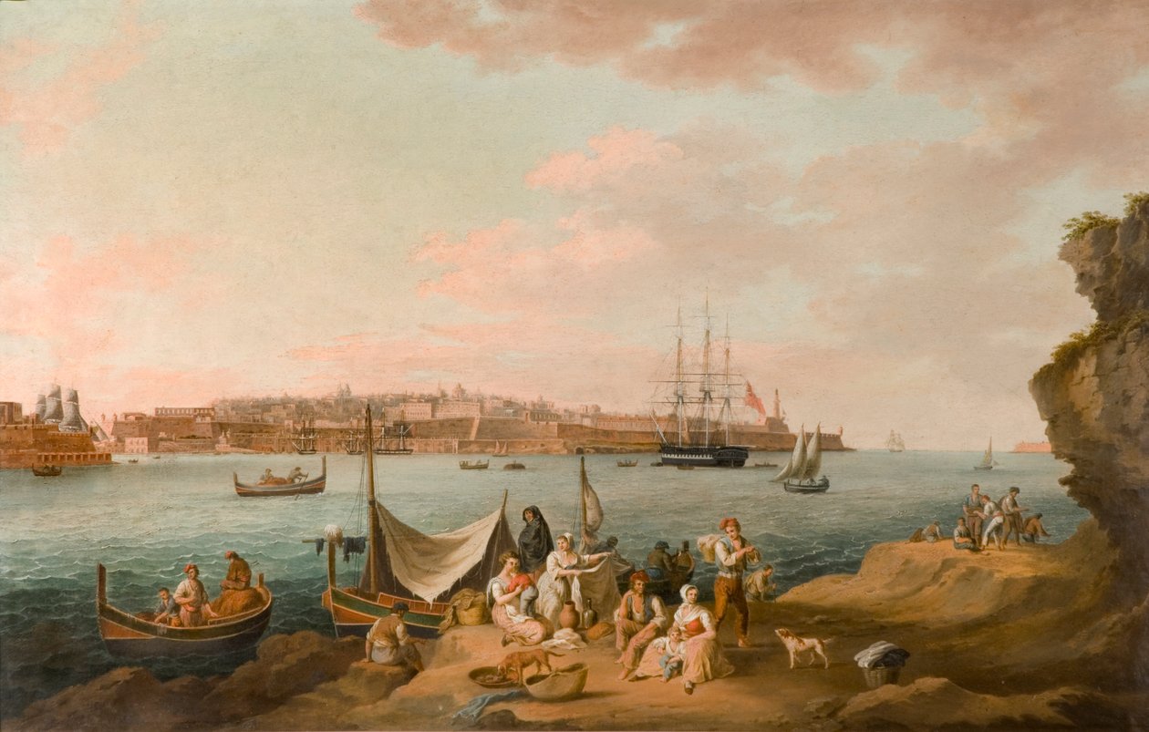 Harbour Scene, Malta (olja på kort) av Anton Schranz