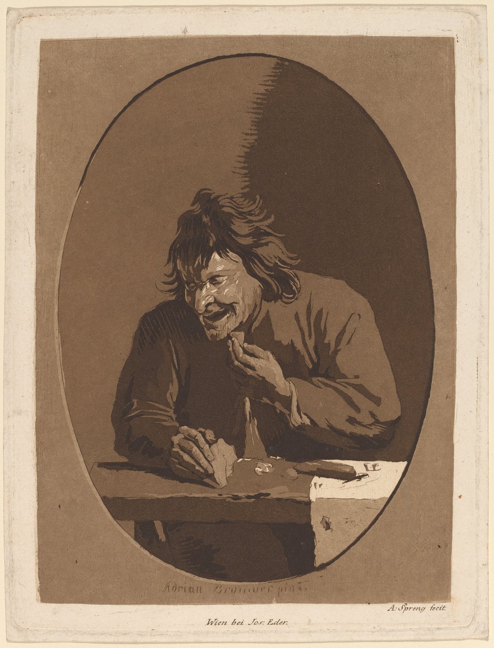 En bonde som äter av Anton Spreng after Adriaen Brouwer; published by Joseph Eder