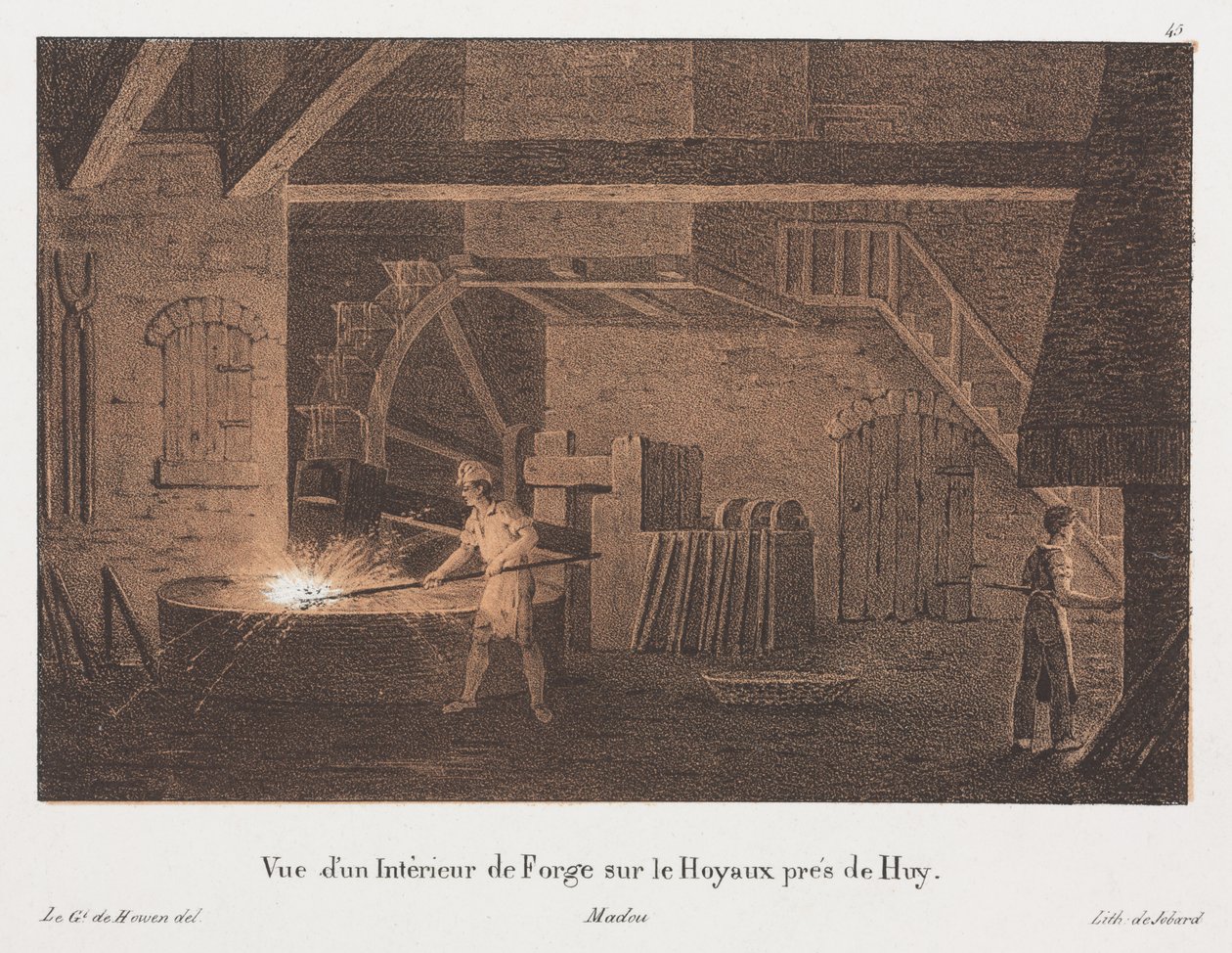 Interiör av en smedja nära Huy, Belgien, graverad av Jean-Baptiste Jobard (1792-1861) (tonad litho) av Anton de after Howen