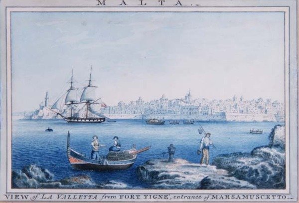 Malta: Utsikt över La Valletta från Fort Tigne, ingången till Marsamuscetto (akvarell) av Anton the Younger (circle) Schranz