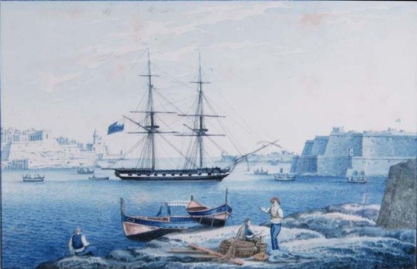 Malta: Utsikt över ingången till La Vallettas hamn från Isola Point (akvarell) av Anton the Younger (circle) Schranz