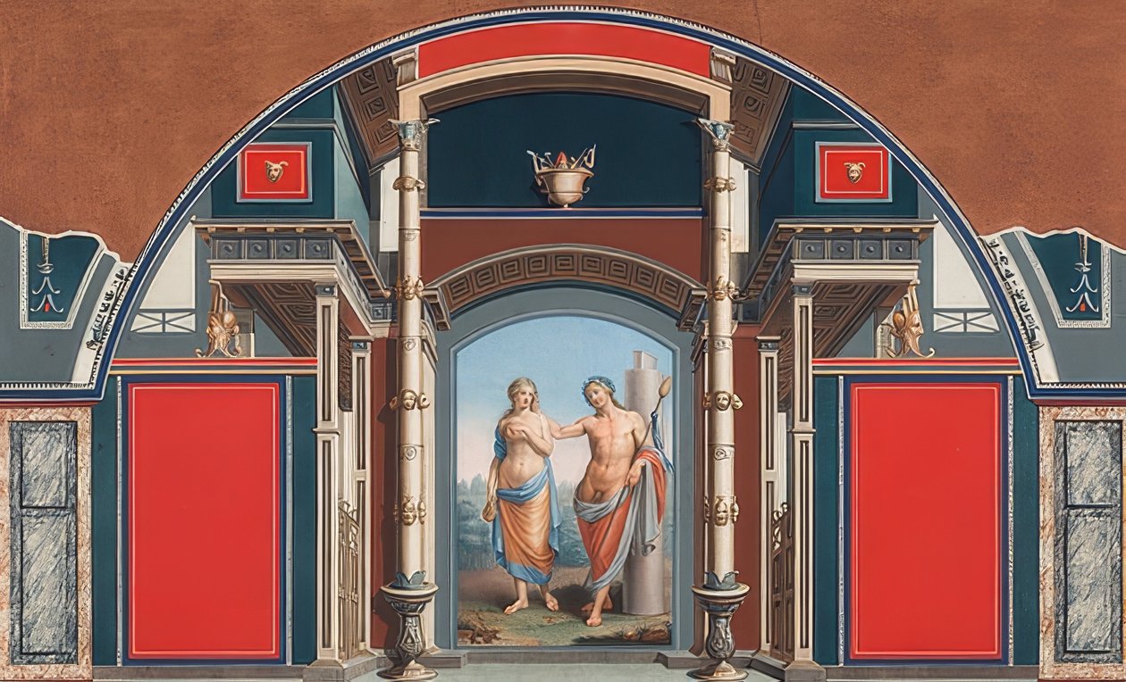 Väggmålning av ett romerskt hus på tomten till Villa Negroni i Rom, som visar Bacchus och Ariadne. 1783 av Anton von Maron
