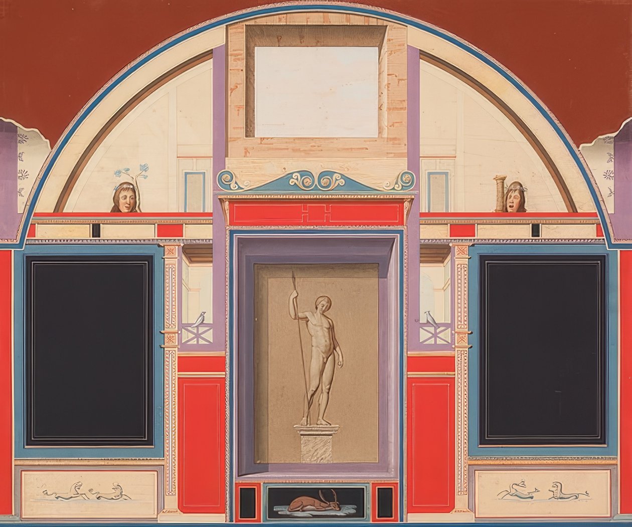 Muralmålning av ett romerskt hus på Villa Negroni i Rom, staty av Adonis. Omkring 1801 (?) av Anton von Maron