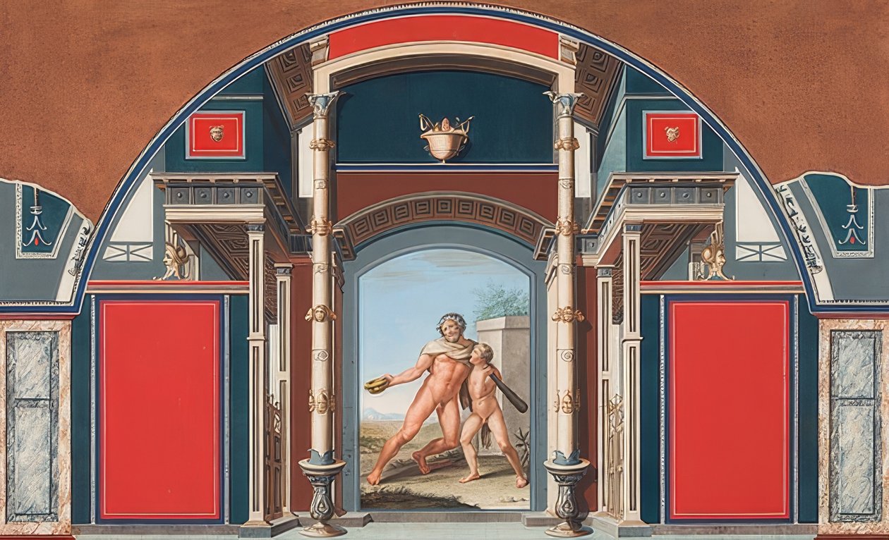 Väggmålning av ett romerskt hus på tomten till Villa Negroni i Rom, Drunken Hercules. 1781 av Anton von Maron