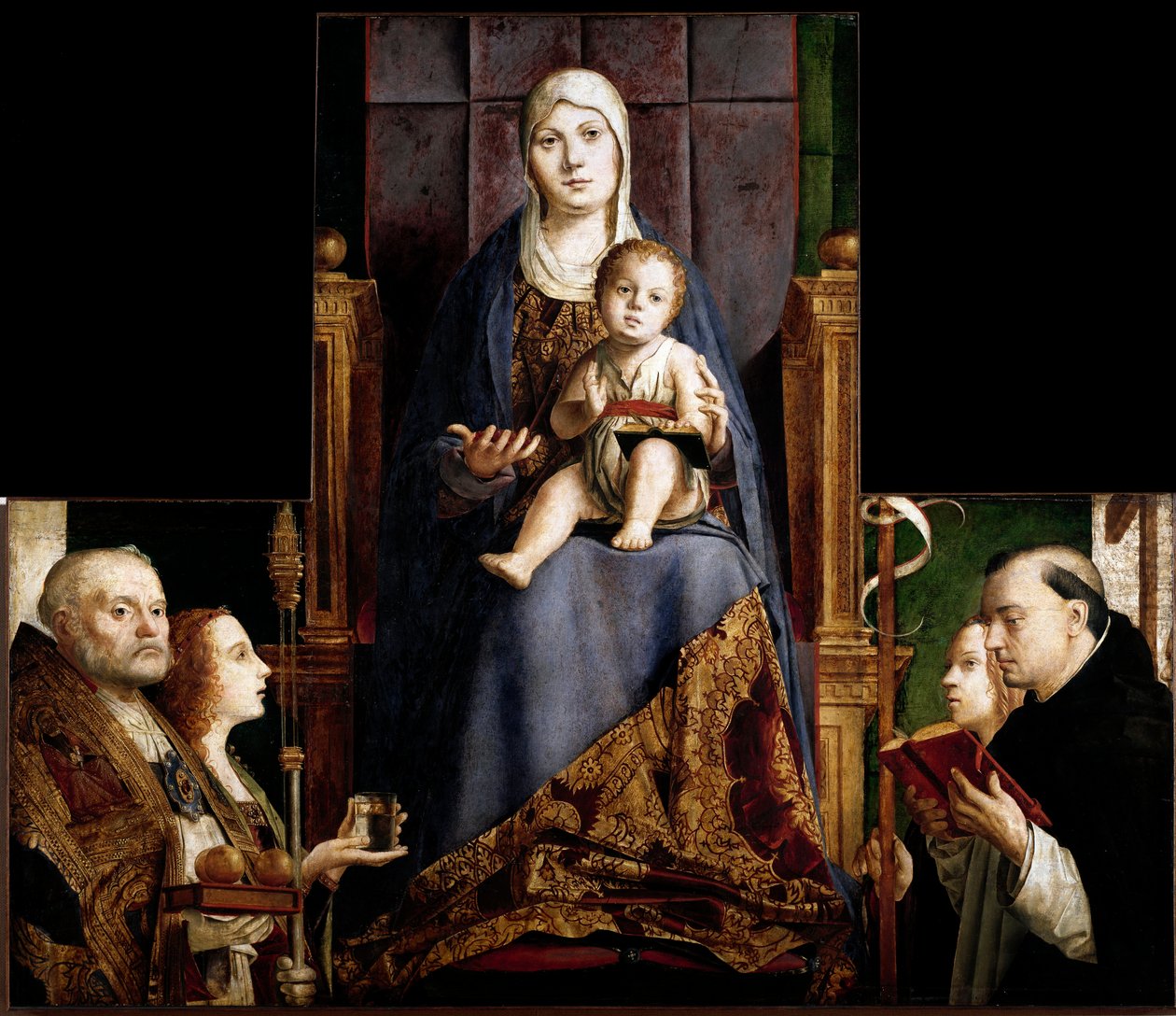 Altartavla av San Cassiano: "" Jungfru och barn omgiven av Saints Nicholas of Myra eller Bari (270-345), Maria Magdalena, Saint Ursula och Saint Dominica""" Trämålning av Antonello da Messina (ca 1430-1479) 1475- 1476 Wiens konsthistoriska museum av Antonello da Messina