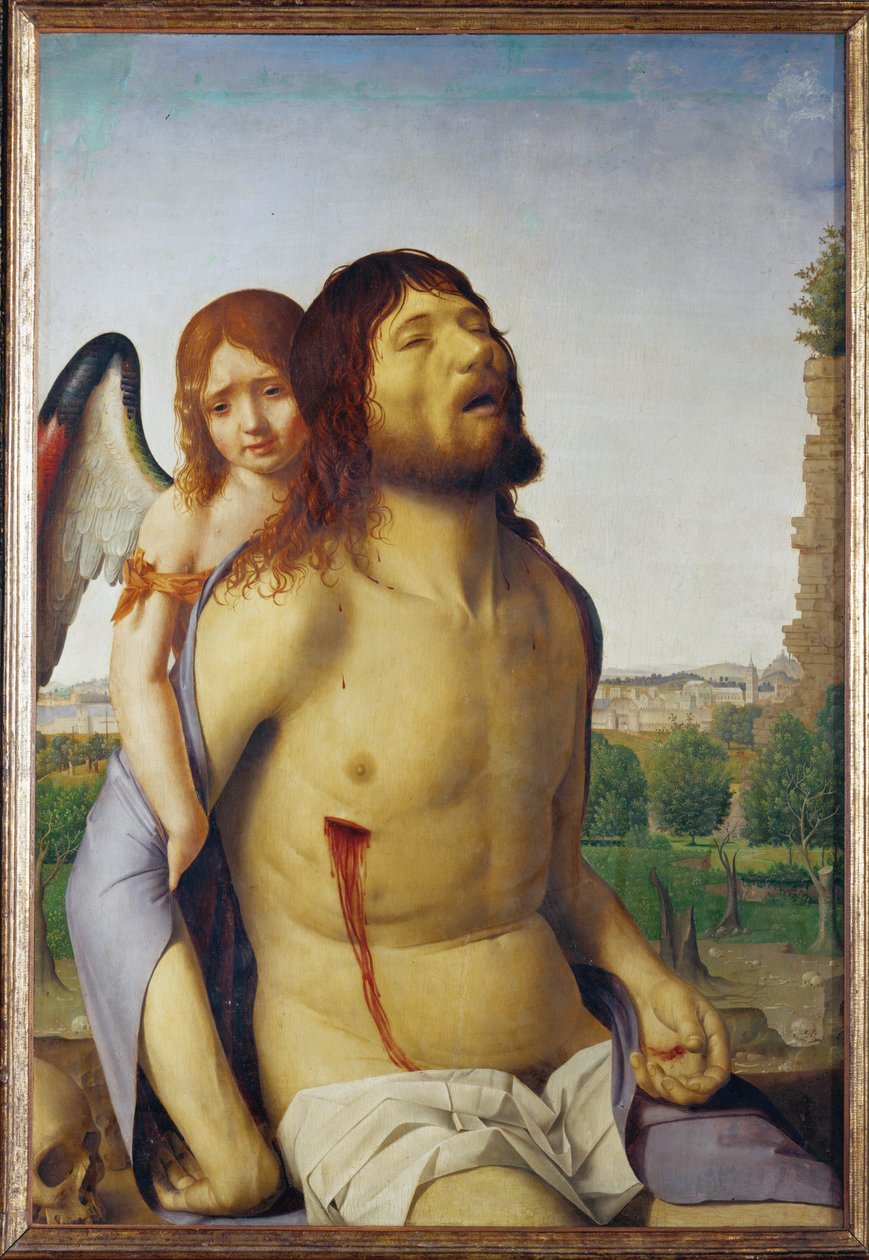 Den döde Kristus stöds av en ängel (målning på trä) av Antonello da Messina