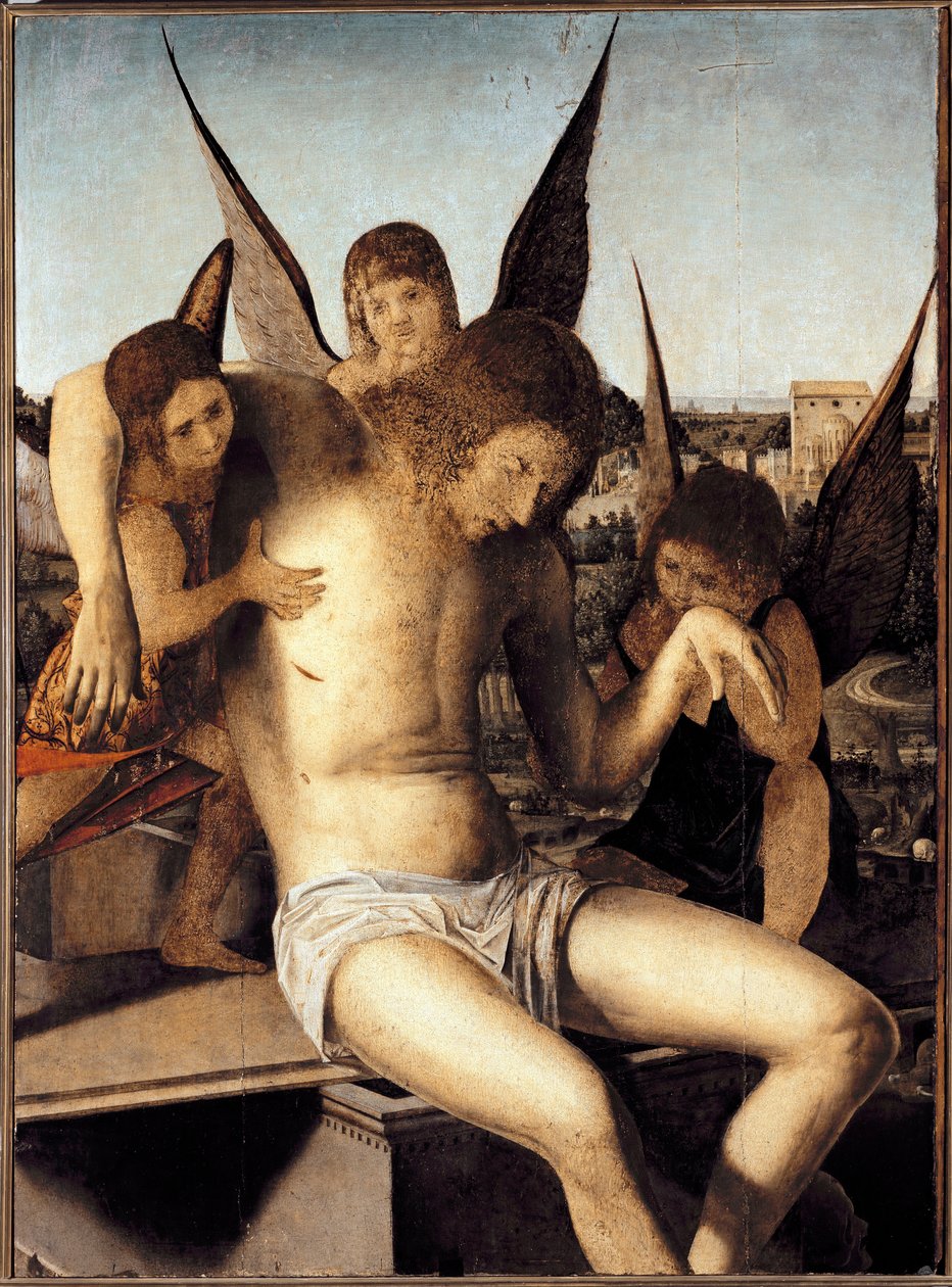 Pieta med tre änglar Den döde Kristus stödd av tre änglar på sin grav Målning av Antonello di Antonio dit Antonello da Messina (1430-1479) 1475 Dim 145* 85 cm Venedig Museo Correr av Antonello da Messina